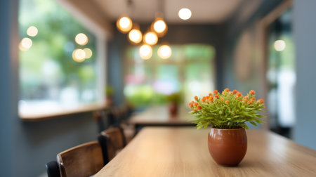A cozy cafe interior showcasing wooden furniture and a charming table adorned with a potted plant, creating a bright and inviting atmosphere for relaxation or social gatherings.の素材