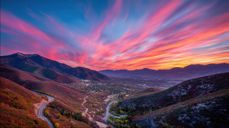 Experience the serene beauty of a vibrant sunset over majestic mountains, casting vivid colors across the sky and illuminating the scenic valley below.の素材