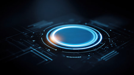 Explore a futuristic abstract circle illuminated with bright light on a dark backdrop, ideal for digital art projects, tech presentations, and modern design.の素材