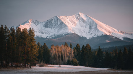 This stunning mountain landscape features towering snow-capped peaks bathed in soft morning light, surrounded by lush green forests, creating a tranquil outdoor scene.の素材