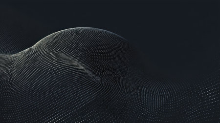 This abstract image features a digital landscape with flowing waves and intricate dot patterns, evoking a serene and modern atmosphere. Ideal for creative projects.の素材