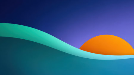 A captivating abstract illustration featuring a rising orange sun over gentle turquoise waves against a twilight sky, perfect for backgrounds and design projects.の素材