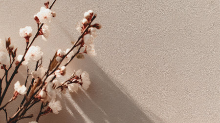 This serene image features a delicate cherry blossom branch casting soft shadows against a textured beige wall, creating a peaceful and calming atmosphere for home decor.の素材
