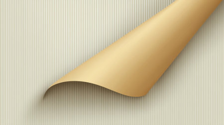 A piece of elegant golden paper elegantly curls over a textured cream background, perfect for various design projects and creative applications.の素材