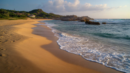 A stunning view of a tranquil beach featuring golden sand, gentle waves, and distant rocks, illuminated by soft morning light, perfect for relaxation and escape.の素材