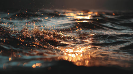 This stunning close-up showcases the mesmerizing movement of ocean waves at sunset, reflecting golden hues that create a tranquil and serene atmosphere.の素材