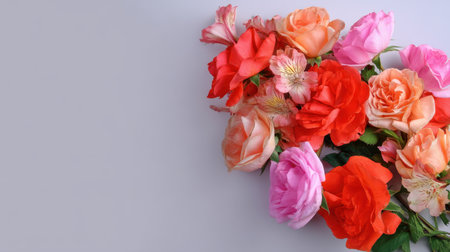 A vibrant collection of colorful roses and delicate flowers perfectly arranged against a soft neutral background, ideal for floral decoration or wedding inspiration.の素材