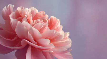 A stunning close-up of a pink peony blossom set against a soft lavender background. This image captures the essence of natural beauty and elegance, perfect for various projects.の素材
