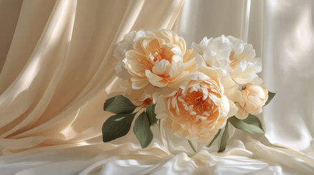 A serene and elegant scene featuring soft cream and peach peonies arranged on gentle satin fabric. This imagery captures beauty and grace, ideal for decor or artistic purposes.の素材