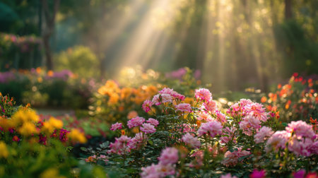 A captivating garden scene featuring a variety of bright flowers amidst lush greenery. Sunlight filters through the trees, creating a tranquil atmosphere filled with beauty.の素材