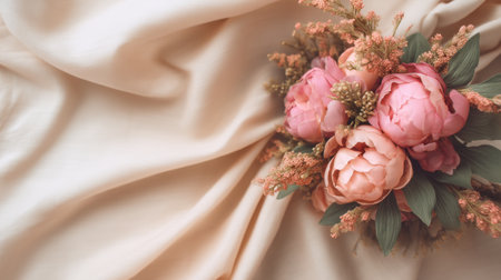 An exquisite arrangement featuring pink peonies and delicate flowers set against smooth beige fabric, perfect for enhancing the aesthetic of any elegant design.の素材