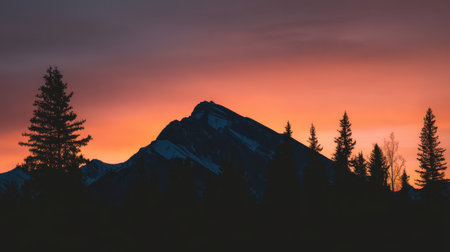 A stunning silhouette of a mountain peak against a vibrant sunset sky, framed by towering pine trees, capturing the beauty of natureの素材