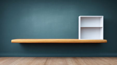This image showcases a minimalist wooden shelf with a sleek white cube shelf set against a deep green wall, perfect for modern interior design and decoration inspiration.の素材