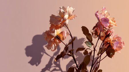 A stunning arrangement of soft pink roses creates a captivating display, with delicate shadows highlighting their elegance against a warm background. Perfect for decor.の素材