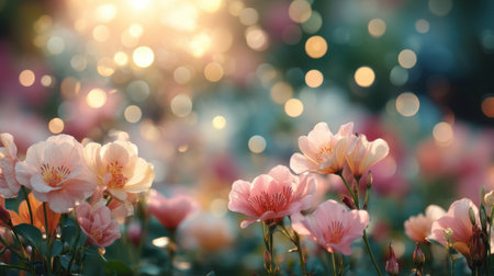 A stunning close-up of soft pink flowers in a garden, surrounded by a magical bokeh background that enhances the serene and uplifting atmosphere of nature.の素材