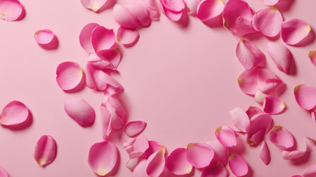This elegant arrangement features delicate pink rose petals artfully laid in a circle on a soft pink background, perfect for floral designs and romantic events.の素材