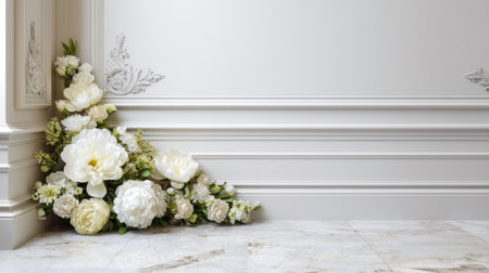 This stunning floral arrangement features an exquisite blend of white and cream blooms nestled elegantly in a luxurious interior, perfect for enhancing any space.の素材