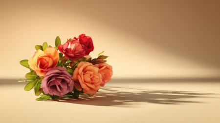A stunning arrangement of artificial roses in various colors with green leaves on a soft beige background. Ideal for decor, photography, and floral design inspiration.の素材
