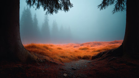 This captivating image captures a serene forest pathway framed by tall trees, bathed in mist, with vibrant orange grass creating a magical atmosphere.の素材