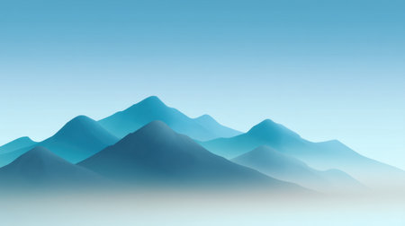 A tranquil mountain landscape featuring soft blue tones and gentle fog enveloping the peaks, creating a serene visual ideal for peaceful nature backgrounds.の素材