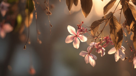 A stunning depiction of delicate pink flowers illuminated by soft golden light, creating a serene atmosphere that embodies the beauty and tranquility of nature.の素材