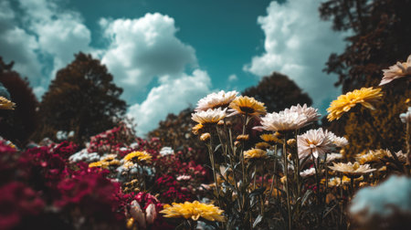 Explore a stunning garden scene bursting with vibrant flowers and a backdrop of vivid blue skies and fluffy white clouds, perfect for nature-inspired projects.の素材