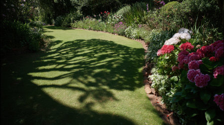 A tranquil garden scene showcases a verdant lawn adorned with vibrant flowers. The intricate shadows cast by trees create a peaceful and inviting atmosphere.の素材