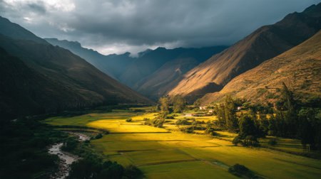 Majestic view of rice fields bathed in golden light within a mountainous terrain, showcasing the beauty of nature and agricultural life under a captivating sky.の素材