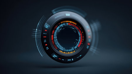 This image features a futuristic digital display with vibrant colors and a sleek design, conveying modern technology and innovation against a dark background.の素材