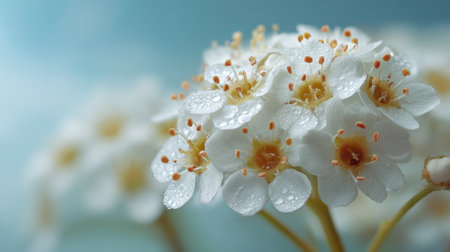 This stunning close-up captures the beauty of delicate white flowers adorned with dew drops, set against a soft blue background, evoking a sense of serenity.の素材