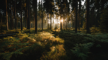 A picturesque forest scene at sunset, showcasing tall trees illuminated by soft golden light. Ferns and lush greenery create a serene atmosphere, inviting contemplation.の素材