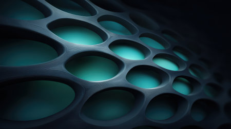 Explore this captivating abstract background featuring textured surface with circular cutouts in glowing teal and dark tones, ideal for modern design projects.の素材