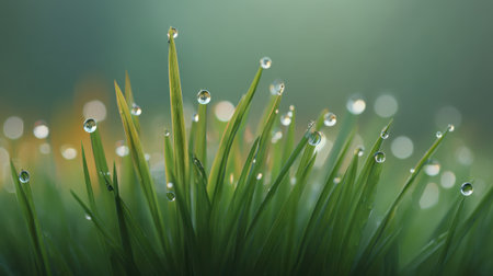 A captivating image of dewdrops resting on blades of lush green grass, highlighting nature's beauty in the early morning light with a tranquil backdrop.の素材