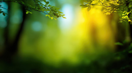 A serene forest scene featuring vibrant greenery and soft sunlight filtering through leaves, creating a peaceful and calming atmosphere in nature.の素材