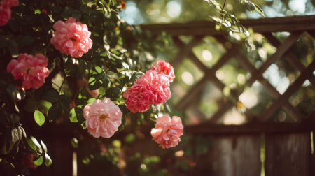 A serene garden scene featuring delicate pink roses blooming against a wooden lattice fence. This image captures a tranquil and beautiful outdoor atmosphere perfect for floral themes.の素材