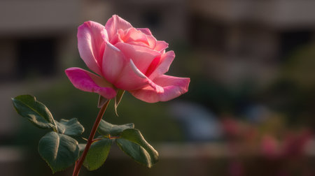 A stunning pink rose stands gracefully, capturing the essence of natural beauty. Its delicate petals glisten softly in sunlight, surrounded by serene greenery.の素材