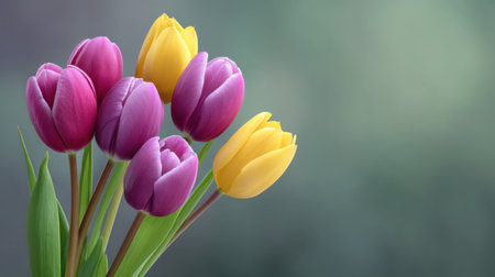 A stunning arrangement of colorful tulips in shades of purple and yellow, perfect for spring. A soft background enhances the beauty and vibrancy of the blooms.の素材