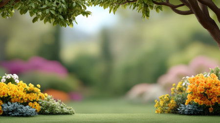 Captivating garden scene showcasing vibrant flowers and lush greenery under soft natural light. A tranquil atmosphere perfect for nature lovers and outdoor enthusiasts.の素材