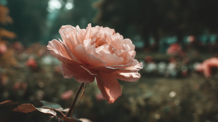 A beautiful pink rose blossom captured in a serene garden setting. Soft focus and natural light highlight the delicate petals, creating a tranquil atmosphere.の素材