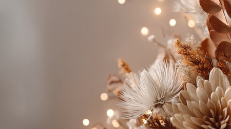 A stunning arrangement of pastel flowers and delicate foliage, enhanced by warm bokeh lights, creating a serene atmosphere perfect for tranquil decor inspiration.の素材