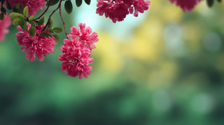 This image showcases vibrant pink flowers amidst a lush green backdrop, capturing the essence of springtime beauty with a soft bokeh effect creating a serene atmosphere.の素材