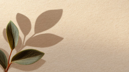 A close-up view of green leaves casting soft shadows on a beige background. This image showcases an elegant interplay of nature and minimalism, ideal for creative projects.の素材
