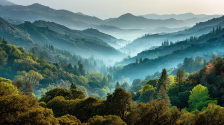 Experience the beauty of serene mountains at dawn, where gentle mist envelops lush green valleys and rolling hills, creating a peaceful and tranquil landscape.の素材