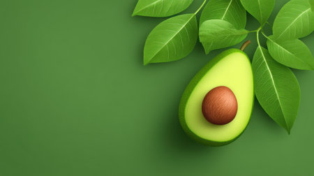 A vibrant composition featuring a fresh avocado half with a brown seed, accompanied by lush green leaves against a smooth green background, ideal for healthy food themes.の素材