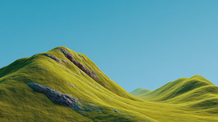 Experience the serenity of lush green rolling hills set against a clear blue sky. This vibrant landscape captures the essence of natural beauty and tranquility.の素材