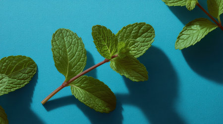 This image showcases fresh mint leaves on a bright turquoise background, highlighting their vibrant green color and intricate texture in natural light.の素材