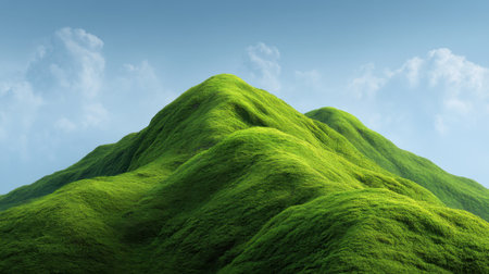 Captivating view of lush green rolling hills against a clear blue sky adorned with fluffy white clouds, creating a serene and peaceful natural landscape.の素材
