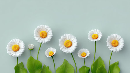A captivating arrangement of white daisies with vibrant yellow centers, showcasing nature's beauty against a soft mint green background, ideal for floral themes.の素材