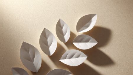 A stunning arrangement of delicate white paper leaves on a soft beige background, showcasing gentle shadows. Perfect for art projects, decor inspiration, and creative designs.の素材