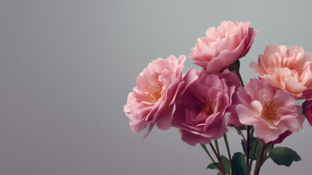 A stunning close-up of soft pink roses beautifully arranged against a light gray background, offering a serene and elegant atmosphere perfect for floral themes and decoration.の素材